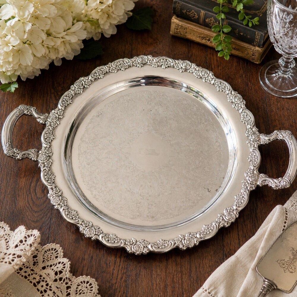 Vintage Oneida Du Maurier Silverplate 15” Serving Tray Roses Handles Ornate USA